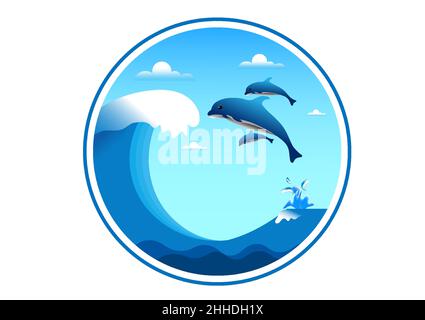 graphics design logo circle dolphin fish jumping with wave vector illustration Stock Vector