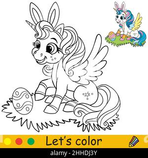 Cute sitting unicorn with easter egg. Coloring book page with color template. Vector cartoon illustration. For kids coloring, card, print, design, dec Stock Vector