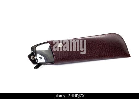 Glasses in brown case isolated on white background Stock Photo