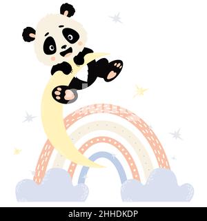 Cute panda character hanging on moon, rainbow with clouds and stars. Vector illustration. Cute animal in scandinavian style for nursery and posters Stock Vector