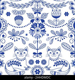 Scandinavian folk seamless pattern. Blue folklore border, swedish ornament design. Nordic rustic art style print. Cat and flowers, decorative nowaday Stock Vector