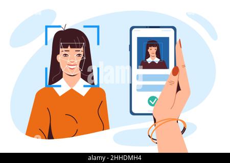 Facial recognition technology. Smartphone in woman hand with application for identity detection. Mobile with scanner app for scan face ID. Biometric identification and personal verification concept. Stock Vector