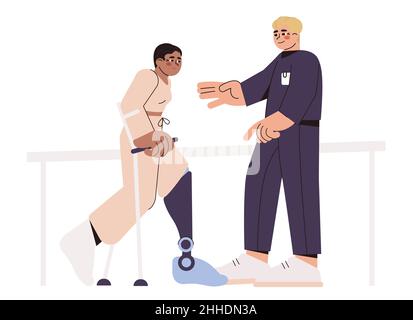 Flat physiotherapy doctor help patient to walk on prosthesis. Guy with crutches after amputation surgery. Man with prosthetic leg perform exercises for mobility. Physical rehabilitation center concept Stock Vector