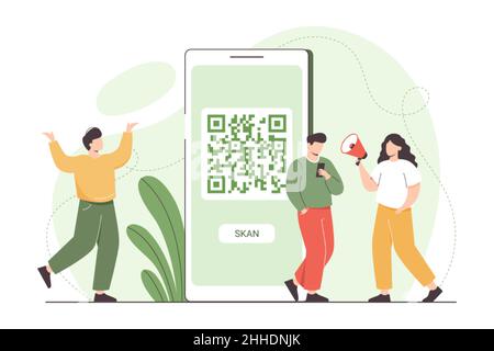 Flat man with mobile phone scanning qr code for online payment and internet shopping. Characters standing near big smartphone with qr symbol on device screen and using scanner id app for pay. Stock Vector