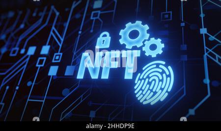 NFT with network circuit. Concept of cryptocurrency art and technology cybersecurity Stock Photo