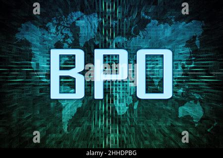 BPO - Business Process Outsourcing - text concept on green digital world map background. Stock Photo