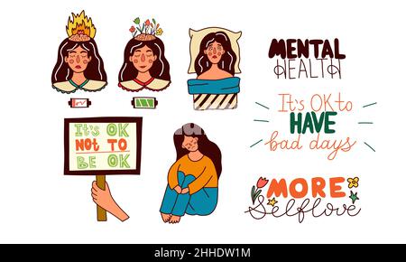 Mental health set. Depression, burn out, insomnia Stock Vector