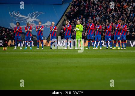 LONDON, ENGLAND - JANUARY 23: Joachim Andersen, Vicente Guaita, Jean-Philippe Mateta, Marc Guehi, Jeffrey Schlupp, Odsonne Edouard, Tyrick Mitchell, M Stock Photo