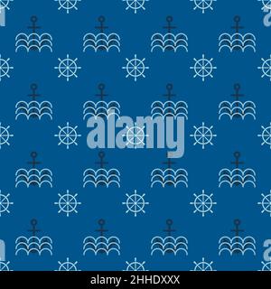 Sea helm, anchor, waves. Vector pattern, marine background. Seamless pattern can be used for wallpaper, pattern fills, web page background, surface textures. Stock Vector