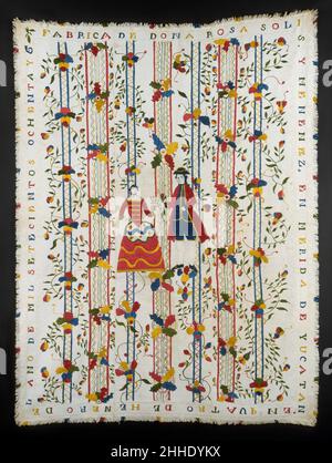 Embroidered coverlet (Colcha) 1786 Doña Rosa Solís y Menéndez This bedcover was made in 1786 by Rosa Solís y Menéndez, who belonged to a prominent creole family from the Yucatan peninsula. Embroidered in bright-colored silk on a textured cotton ground, its lively imagery celebrates love and marriage. The elegantly dressed couple in the center of the coverlet probably represent Doña Rosa and her Spanish-born husband, Gabriel Milanés, whom she married in 1778. The background pattern of flowering vines upheld by trellises is a traditional symbol of marriage.. Embroidered coverlet (Colcha)  13604 Stock Photo
