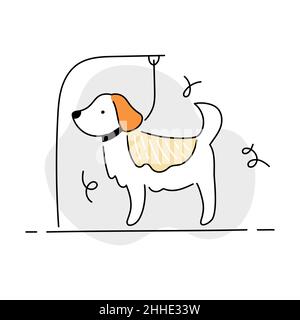 Dog on grooming table. Pet grooming salon icon design. Doodle line style vector illustration. Stock Vector
