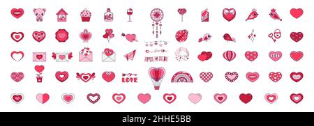 Retro Valentine Day set of icons. Love symbols in the fashionable pop line art style. The figure of heart, rainbow, lock, balloon in soft pink, red an Stock Vector