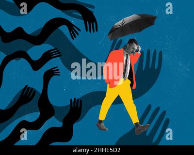Upset stylish man walking under umbrella through giant drawn black creeping arms. Contemporary art collage. Concept of manipulation or addiction Stock Photo