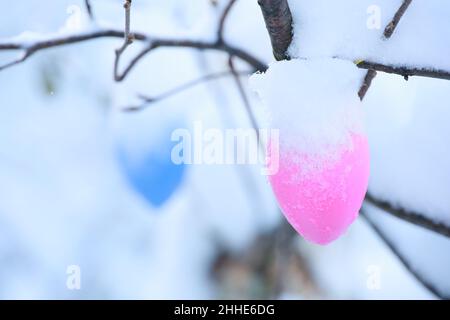 beautiful easter eggs on a tree branch outdoors Stock Photo