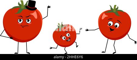 Family of tomato characters with happy emotions, smile face, happy eyes, arms and legs. Mom is happy, dad is wearing hat and child is dancing. Vector flat illustration Stock Vector