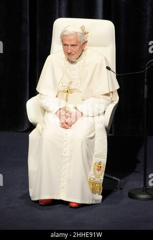 Freiburg, Deutschland. 24th Jan, 2022. Pope Benedict XVI admits false testimony in abuse reports. archive photo; Pope Benedict XVI sits on his chair and listens to the music, address by Pope Benedict XVI. in the Konzerthaus, visit of Pope Benedict XVI. in Germany from September 22-25, 2011, Freiburg, September 25, 2011. Credit: dpa/Alamy Live News Stock Photo