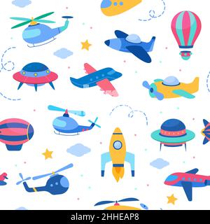 Kids air transport seamless pattern. Aeroplanes and rockets, helicopters and ufos, cute childish design, boys nursery theme, white background. Decor Stock Vector