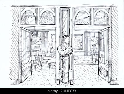 Sketch of a hallway and lounge furnished in a traditional style. Stock Photo