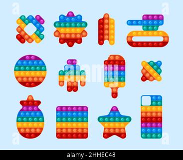 Trendy pop it toys. Entertainment puzzles for kids antistress colored geometrical toys collection funny hobbies garish vector templates set Stock Vector