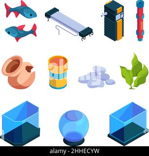 Decorative aquarium. Interior glass tanks with water different 3d shapes home for fishes tools for aquarium filter underwater reef tropical pets Stock Vector