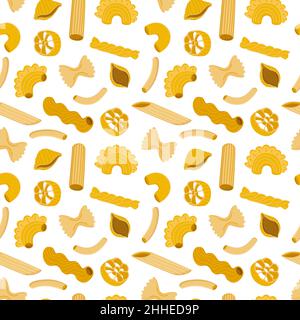 Seamless italian pasta pattern. Different types dried noodles, traditional cuisine production, organic vegetarian foods, white background. Decor Stock Vector