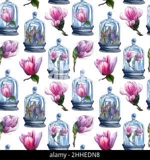Seamless pattern of florariums, watercolor glass bottles with flowers inside, hand drawn. Watercolor glass jar with pink magnolia flower. Stock Photo
