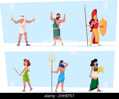 Greek mythology characters. Ancient goddess from pantheon romans persons hestia mars female godly on olympus garish vector flat templates Stock Vector