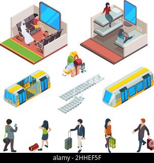 Metro trains. Urban underground metropoliten isometric items inside rail trains interior with places for voyagers with luggage garish vector metro Stock Vector