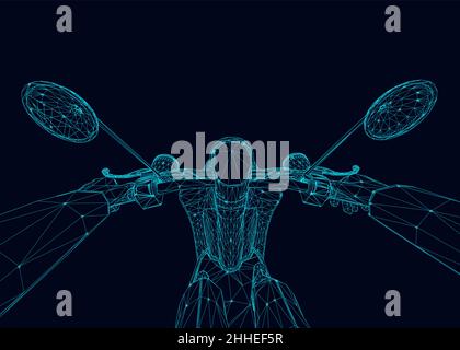 Wireframe of a man riding a motor scooter from blue lines isolated on a white background. First-person view. 3D. Vector illustration. Stock Vector