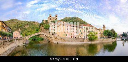 Dolceacqua ,Ventimiglia, province Imperia , Liguria ,Italy:August 12,2021.Panoramic view Medieval Castle in Liguria Riviera, Castello dei Doria, Old Stock Photo