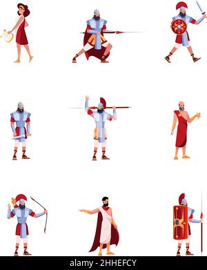 Ancient characters. Rome or greece warriors and writers medieval clothes gladiator legion soldiers garish vector flat characters isolated on white Stock Vector