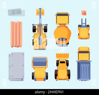 Construction vehicles top view. Production yellow cars for builders maintenance workers transport excavator big trucks heavy machines garish vector Stock Vector