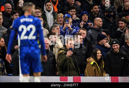 London, UK. 23rd Jan, 2022. 23 January - Chelsea v Tottenham Hotspur - Premier League - Stamford Bridge Chelsea fans cheer and take pictures of Hakim Ziyech as he takes a corner a few minutes after scoring his wonder goal during the Premier League match at Stamford Bridge, London. Picture Credit : Credit: Mark Pain/Alamy Live News Stock Photo