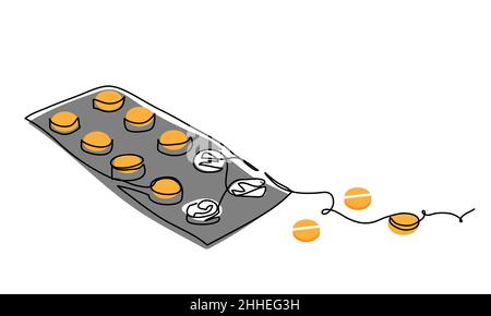 Pills, tablets, drugs in blister or foil package. One continuous line art drawing vector illustration of orange tablets in foil packaging Stock Vector