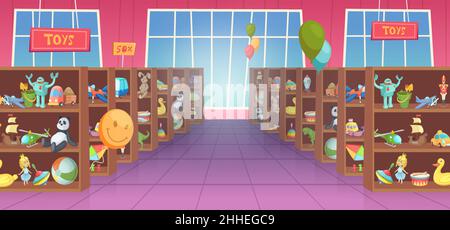 Toys for kids. Shelves in game store interior different toys for happy kids dinosaurs robots bricks transport and soft animals exact vector colored Stock Vector