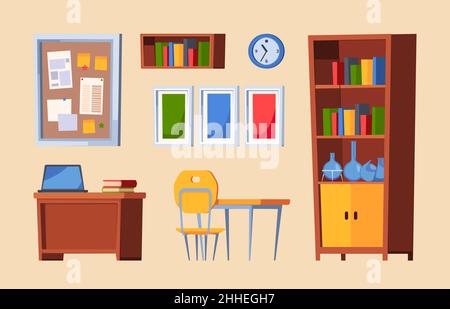 School furniture. Tables desks shelves chalkboards for school room education accessories for students cabinet garish vector colored flat illustrations Stock Vector
