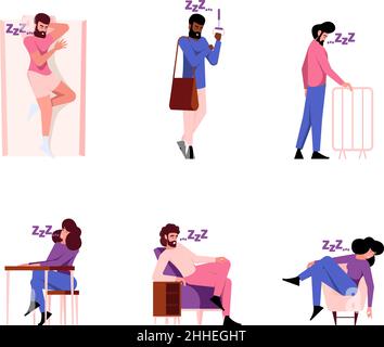 Sleeping people. Tired persons in transport sleeping gestures lazy characters on pillow in various poses garish vector flat colored pictures Stock Vector
