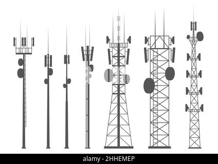 Transmission cellular towers silhouette. Mobile and radio communications towers with antennas for wireless connections. Outline vector illustrations Stock Vector
