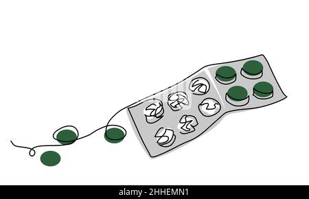 Spirulina, chlorella, green pills, tablets in blister or foil package. One continuous line art drawing vector illustration of green pills in blister Stock Vector