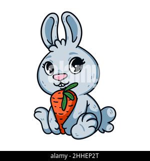 Cute little easter bunny with carrot. Rabbit the symbol of 2023 chinese new year. Hare with big eyes and vegetable. Farm animal vector illustration Stock Vector