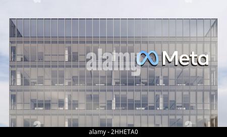 Menlo Park, California, USA. January 9, 2022. Editorial Use Only, 3D CGI. Meta Signage Logo on Top of Glass Building. Metaverse Workplace Technology S Stock Photo