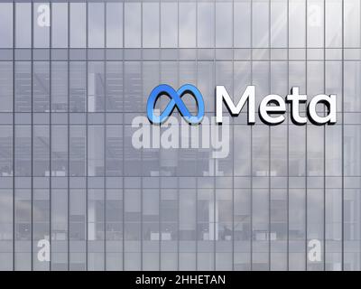 Menlo Park, California, USA. January 9, 2022. Editorial Use Only, 3D CGI. Meta Signage Logo on Top of Glass Building. Metaverse Workplace Technology S Stock Photo