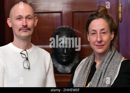 Bremen, Germany. 24th Jan, 2022. Author Judith Hermann (r), winner of the 2022 Bremen Prize for Literature, and Matthias Senkel (l), winner of the sponsorship award. The prize has been awarded by the Rudolf Alexander Schröder Foundation since 1953. Credit: Michael Bahlo/dpa/Alamy Live News Stock Photo