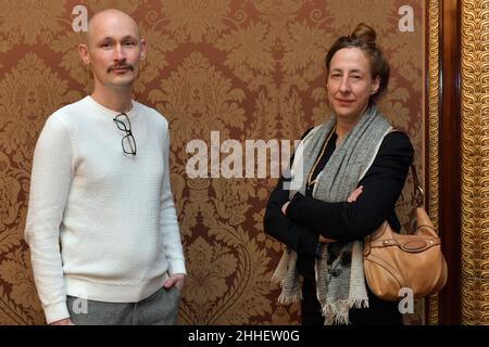 Bremen, Germany. 24th Jan, 2022. Author Judith Hermann (r), winner of the 2022 Bremen Prize for Literature, and Matthias Senkel (l), winner of the sponsorship award. The prize has been awarded by the Rudolf Alexander Schröder Foundation since 1953. Credit: Michael Bahlo/dpa/Alamy Live News Stock Photo