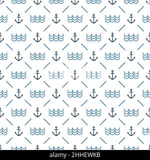Marine background. Anchors, waves. Vector geometric template. Seamless pattern can be used for wallpaper, pattern fills, web page background, surface textures. Stock Vector