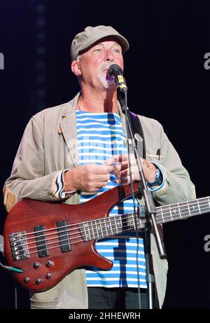 Dave Pegg of Fairport Convention performing at the band's Cropredy Convention, UK in 2012 Stock Photo