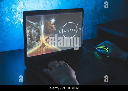 Starfield video game. Point of view video gaming on PC. Playing computer video game. Stock Photo