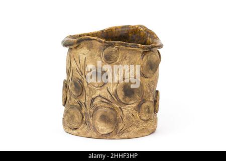 clay pot on white background - handmade pottery Stock Photo
