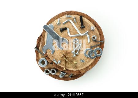 Work tools on wooden slices isolated on white background Stock Photo