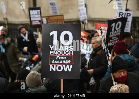 London, UK. January 24th 2022. London, UK. Supportors of Assange protest outside the Royal Courts of Justice in London as Julian Assange wins his appeal to go to the Supreme Court against his extradition to the US. Credit: Picture Capital/Alamy Live News Stock Photo
